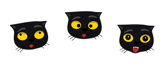 Fotobehang Set of cat faces emoji. Crazy kitten with different emotions. Angry, skeptical, happy. Funny cat breaking things comic illustration, cartoon vector drawing. © Nataliya