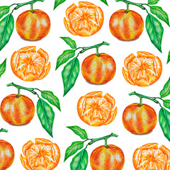 Watercolor pattern of tangerines on a branch with leaves. Style template. Idea for design, textiles, covers, prints and more. Hand drawn.