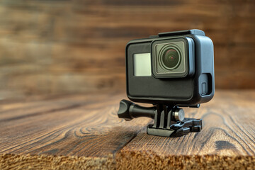 action camera on wooden background