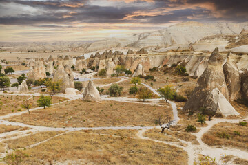 Valley with the sandy mountains of Cappadocia. Fantastic landscape.