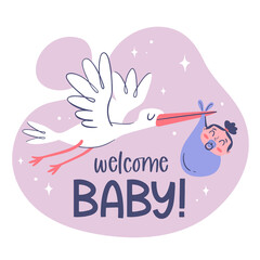 Cute baby card template with a hand drawn stork holding a baby girl.