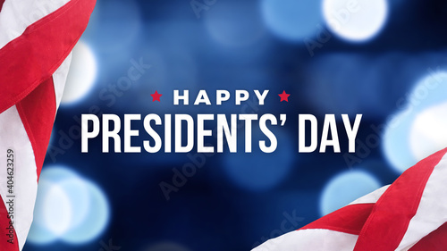 Happy Presidents' Day Text Over Blue Bokeh Lights Texture Background and American Flags