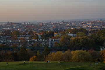 Panorama of Cracow in Poland during sunset from Kopiec Kraka Mound - obrazy, fototapety, plakaty