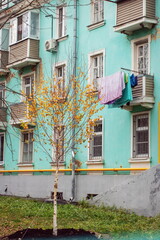 A fragment of the blue house-a study with balconies, linen and a birch tree in autumn