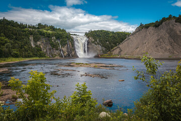 Fototapeta na wymiar The Montmorency Falls, a large waterfall on the Montmorency River in Quebec City, Canada