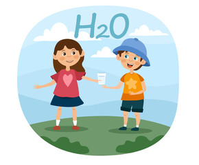 Obraz na płótnie Canvas Two young children drinking healthy fresh water on a hot summer day as they play together outdoors, colored vector illustration