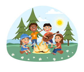 Obraz na płótnie Canvas Group of happy children seated round a campfire playing guitar and singing together outdoors in the wilderness, colored vector illustration