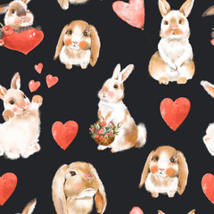 Cute bunny seamless pattern with heart and flowers. Spring bunnies wallpaper.