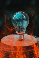 photo manipulation of bulb burning. Fire and bulb