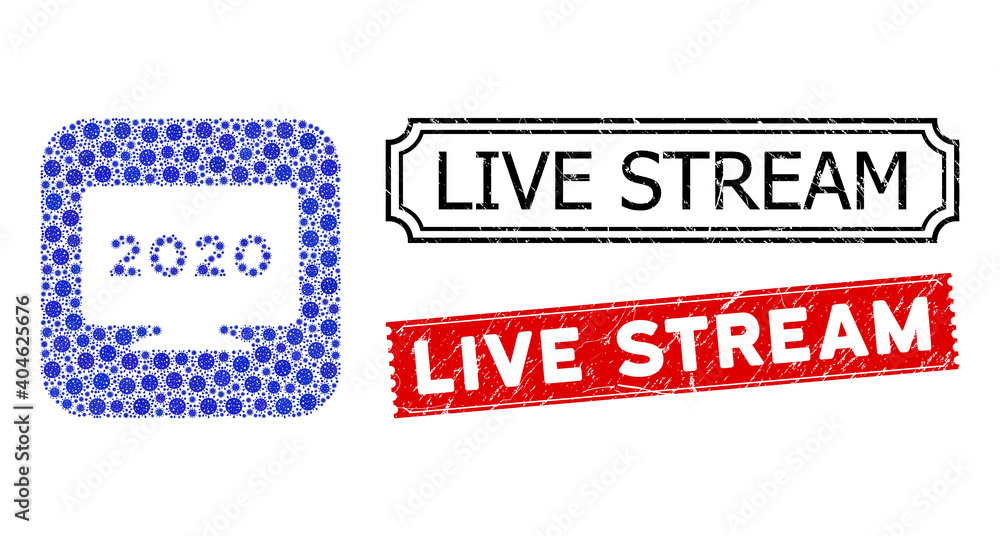 Poster vector mosaic 2020 display screen and grunge live stream stamps. mosaic 2020 display screen construc
