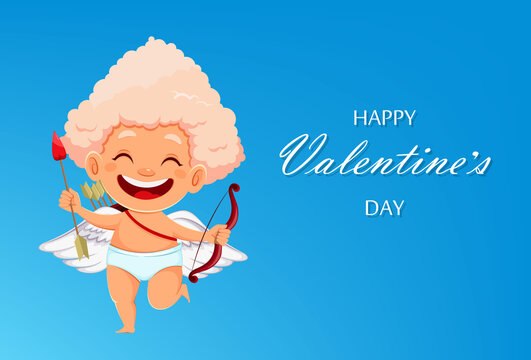 Happy Valentines day. Cute funny Cupid Angel