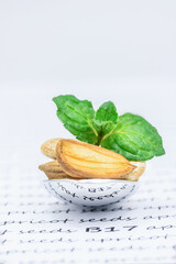 Obraz na płótnie Canvas Dry apricot seeds and green leaf, copy space