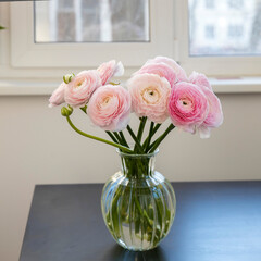 Pink Persian buttercups in the round glass vase is on the black table