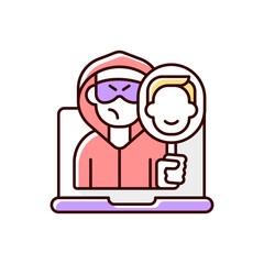 Online impersonation RGB color icon. Cyberbullying and cyberharassment. Internet crime. Online attack on personal privacy. Social media account hacked. Isolated vector illustration