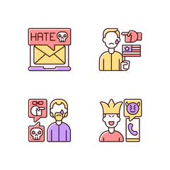 Offensive comments online RGB color icons set. Email cyberbullying. Political discrimination. Racial bullying. Phone call prank. Victim of emotional abuse. Isolated vector illustrations