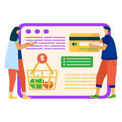 Online food shopping mobile phone application, remote internet smartphone app for buy foodstuff flat vector illustration, isolated on white. Modern tablet device technology, supermarket edible meal.