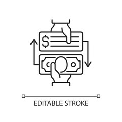 Paid check cashing linear icon. Cashing checks without bank account. Obtaining money instantly. Thin line customizable illustration. Contour symbol. Vector isolated outline drawing. Editable stroke