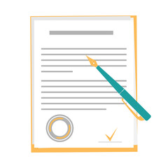 Contract or document signing icon. Document, folder with stamp, text and pen. Vector illustration