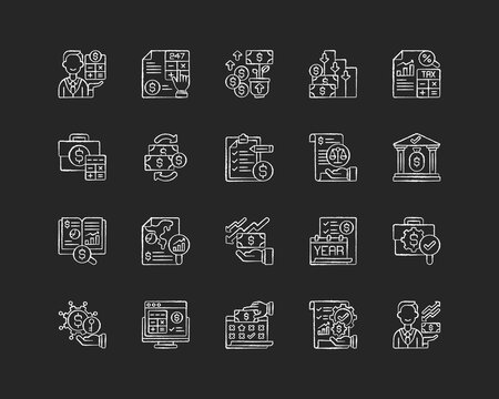 Accounting chalk white icons set on black background. Business controlling methods. Accounting software for your company. Tax accounting process. Isolated vector chalkboard illustrations