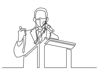 continuous line drawing of business coach wearing face mask talking before audience
