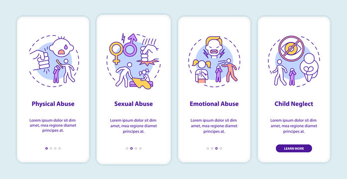 Children abuse onboarding mobile app page screen with concepts. Kid harassment. Child neglect walkthrough 4 steps graphic instructions. UI vector template with RGB color illustrations