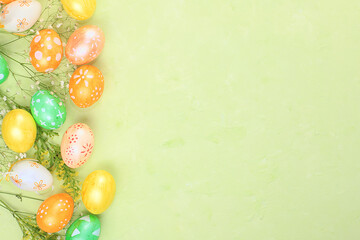 Fototapeta na wymiar Happy Easter concept, spring card, background. Decorated Easter eggs on a delicate background. Minimal holiday concept, place for text, simple idea for painting eggs at home, banner