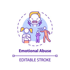 Emotional abuse concept icon. Psychological problem. Kids mental health. Stress and anxiety. Child safety idea thin line illustration. Vector isolated outline RGB color drawing. Editable stroke