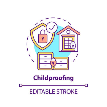 Childproofing concept icon. Babyproofing home. Secure home for children, baby, toddler. Child safety idea thin line illustration. Vector isolated outline RGB color drawing. Editable stroke