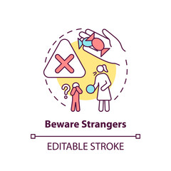 Beware strangers concept icon. Dangerous unknown person. Teach kid cautious behavior. Child safety idea thin line illustration. Vector isolated outline RGB color drawing. Editable stroke