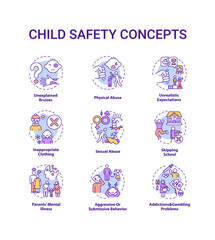 Child safety concept icons set. Parental neglect. Domestic abuse. Children welfare. Kids protection idea thin line RGB color illustrations. Vector isolated outline drawings. Editable stroke