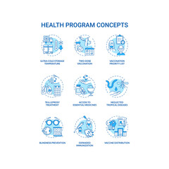 Health program concept icons set. Health programs principles. Covid vaccination. Vaccine logistic idea thin line RGB color illustrations. Vector isolated outline drawings. Editable stroke