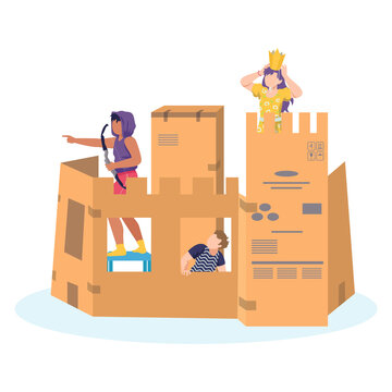 Group children play and build together cardboard castle, creative character female male plaything cartoon vector illustration, isolated on white. Child playground carton fortress, cheerful idea.