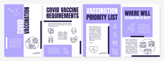 Fototapeta na wymiar Covid vaccination brochure template. Children and adults immunization. Flyer, booklet, leaflet print, cover design with linear icons. Vector layouts for magazines, annual reports, advertising posters