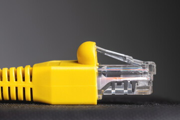 Fototapeta premium RJ45 network plug close-up on a gray background. Ethernet plug 100 mb
