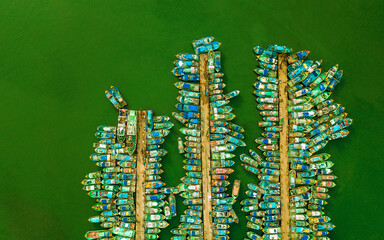 drone view of fishing boats on water