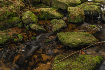 Konsky creek in National park Sumava with cascade and waterfall