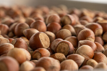 Close up hazelnuts. Hazelnut composition and backgorund. Turkish hazelnuts. organic natural food. close up art photo