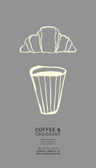 Cup and croissant brush pen illustration for business card. Minimalist hand-drawn ink drawing for cafe, kitchen