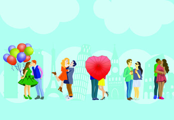 set of loving couples hugging and kissing on the background of beautiful buildings with balloons umbrellas