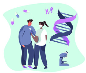 Genetic Engineering.DNA Test.Doctor holding Magnifier Glass and Analyzing DNA Structure Molecule in Lab.Studying Genes.Gene Modification and Genetic Scientists Editing.Flat Vector Illustration