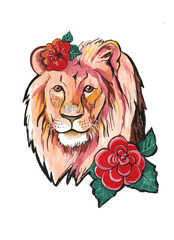african animal lion wildcat with beautiful flowers, proud majestic and romantic