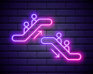 Neon light. Escalator staircase icon. Elevator moving stairs down and up symbol. Glowing graphic design. Brick wall. Vector