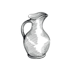 Hand drawn sketch of pottery jug on a white background. Tools for pottery and ceramics. Pottery dishware. Ceramic jug