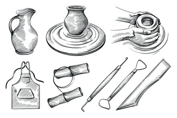 Hand drawn sketch set of pottery, ceramics tools. Pottery jug, hands doing pottery, jug on pottery wheel, apron, clay cutting, clay string, needle tool for ceramics, clay loop, wood modelling tool - 404633275