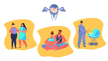 Pregnant Woman and Man do Yoga and DNA Test.Genetic Disease.Embryo Fetus in
Laboratory.In Vitro Fertilization.Dna Engineering.Parents Expecting a Child.Flat Vector Illustration