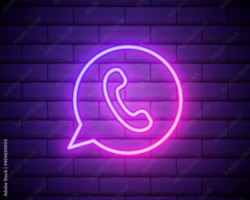 Poster messenger neon sign. luminous signboard with red phone in speech cloud. night bright advertisement. 
