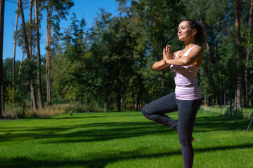 Beautiful woman doing asana outdoor - Yoga Balance Vriksha-Asana The Tree Pose