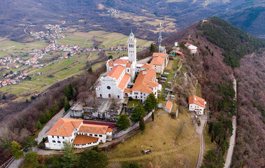 Aerial view of sanctuary of Sveta Gora - Monte Santo near Solkan by Nova Gorica, Slovenia