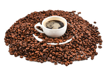 Cup of coffee and coffee beans.