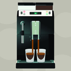 Vector illustration of a modern professional coffee machine. Barista, coffee, sugar, coffee cups, technology.